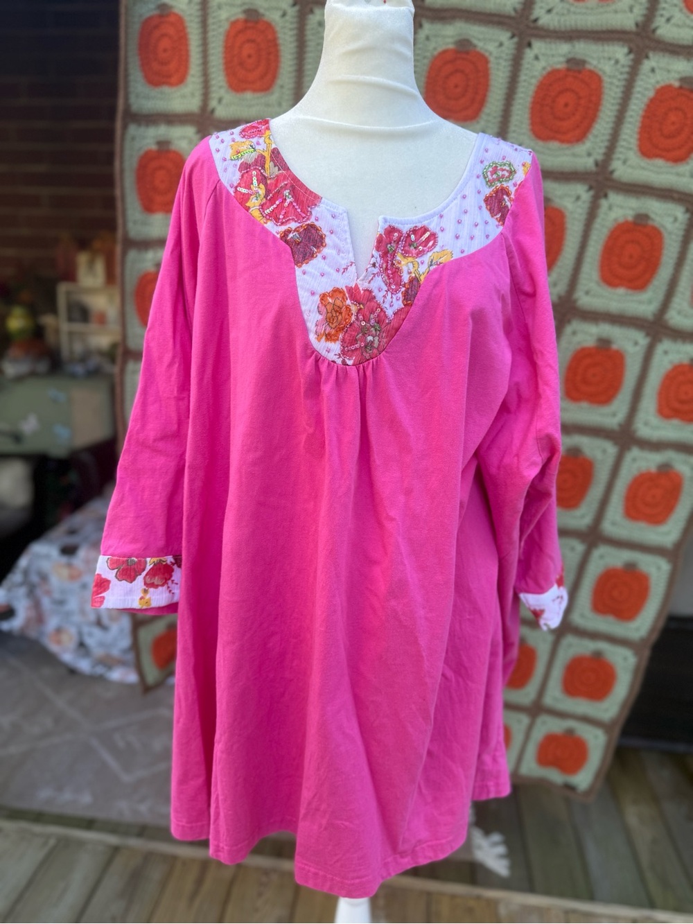 Ulla Popken Womens Plus 32/34/5X 100%Cotton pink boho flowers beads